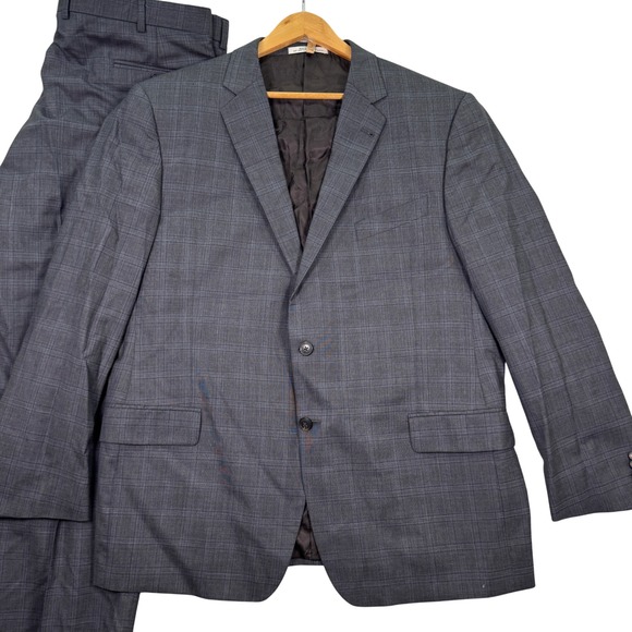 Joseph Abboud Men 46R S100s Wool Plaid Two Piece Suit Pants 40x33 Preppy Classic - Picture 1 of 16
